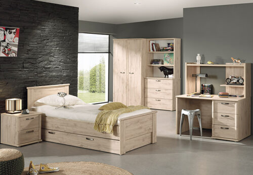 Chambre jeune - lit - chevet - garde-robe 2 portes - commode - bureau